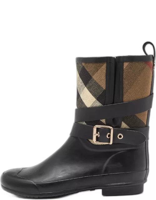 Burberry Black Rubber and House Check Canvas Rain Boot