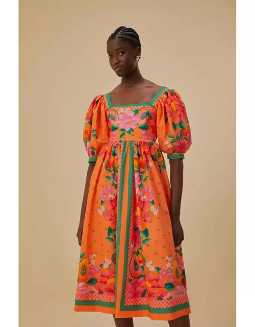 Orange Fruit Garden Scarf Midi Dress, FRUIT GARDEN SCARF ORANGE /