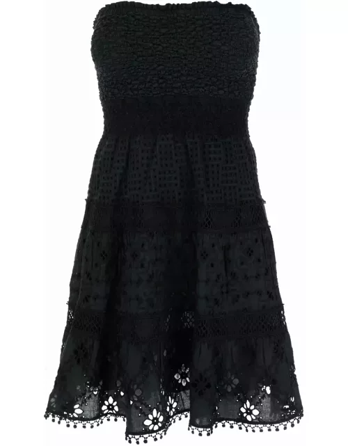 Temptation Positano Black Short Embroidered Dress In Cotton Woman