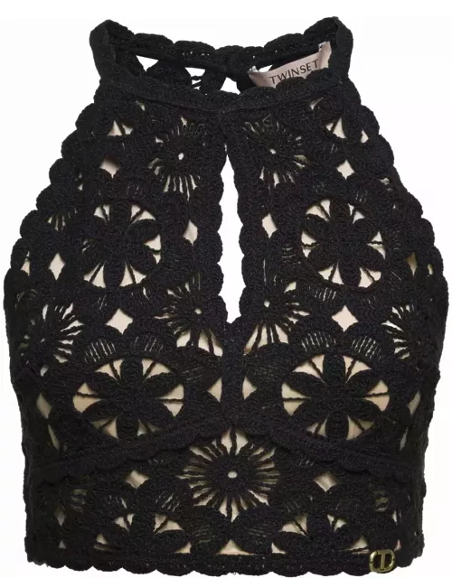 TwinSet Black Top With Crochet Work In Cotton Woman