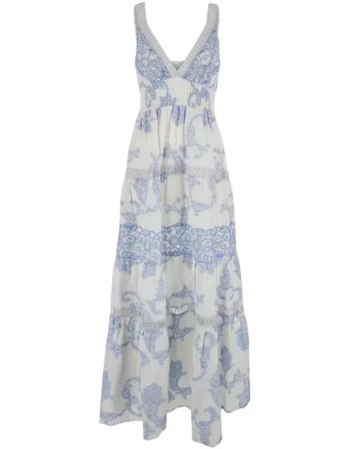 Temptation Positano White Long Dress With Light Blue Floral Print In Linen Woman