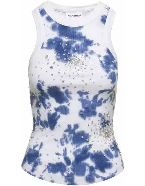Des Phemmes White Tank Top With Sequins And Tie Die In Cotton Woman
