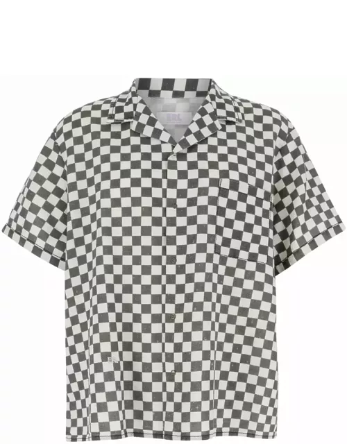 ERL Black And White Bowling Shirt With Check Motif In Cotton And Linen Man