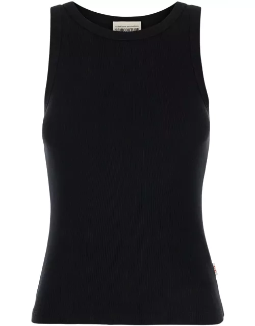 SEMICOUTURE Black Ribbed Tank Top With U Neckline In Cotton And Modal Blend Woman