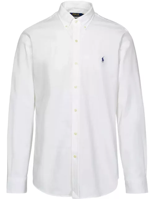 Polo Ralph Lauren Slim Fit White Stretch Poplin Shirt With Blue Pony