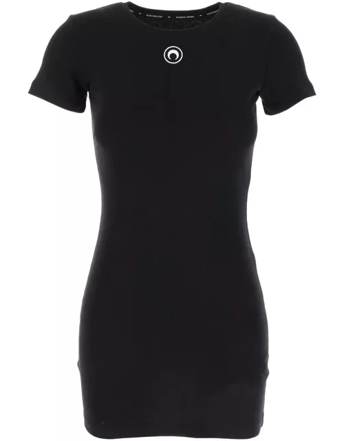 Marine Serre Black T-shirt Mini Dress With Logo In Cotton Woman