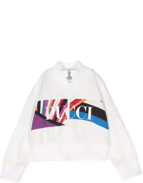 Pucci White Zip-up Sweatshirt With Iride Print Logo Band