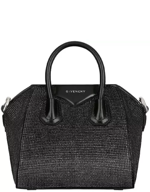 Givenchy Antigona Micro Bag In Black Satin With Rhinestone