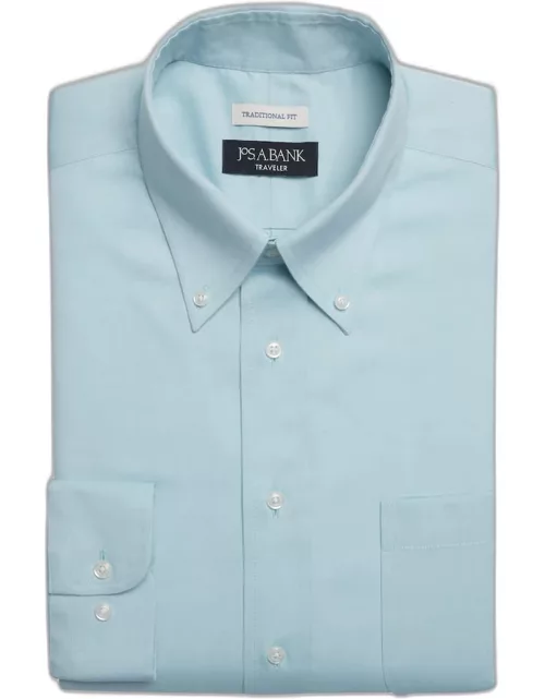 JoS. A. Bank Men's Traveler Collection Traditional Fit Button Down Collar Dress Shirt, Aqua, 17 1/2 34