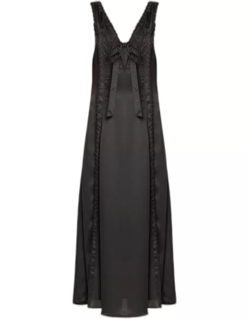 Serena Tie-Front Embroidered Satin Dres