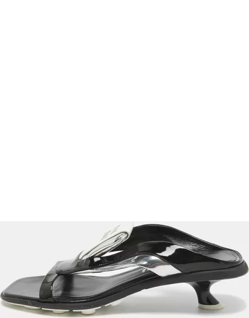 Miu Miu Black/White Patent and Leather Logo Slide Sandal