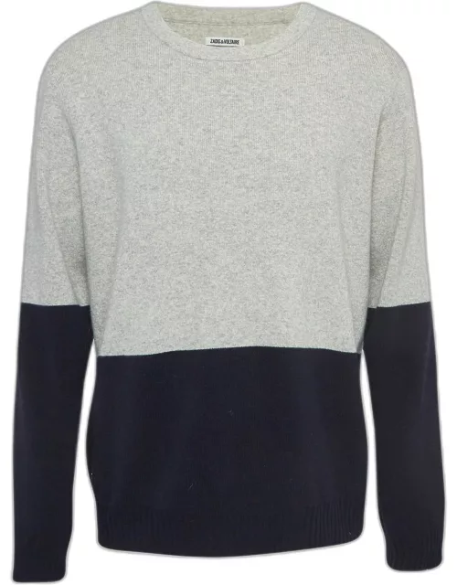 Zadig & Voltaire Grey/Navy Blue Wool Rib Knit Crew Neck Sweater