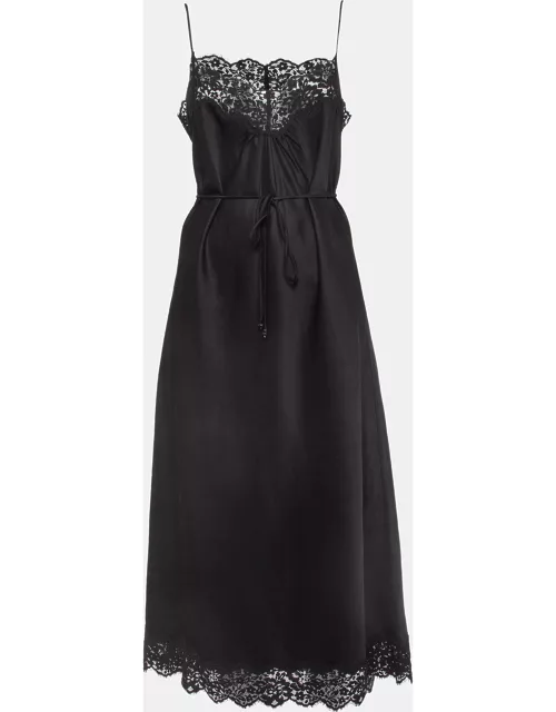 Zimmermann Black Lace Trim Crepe Tie-Up Detail Chantilly Midi Slip Dress
