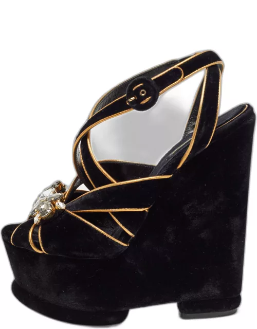 Dolce & Gabbana Black/Gold Velvet And Leather Crystal Embellished Sandal