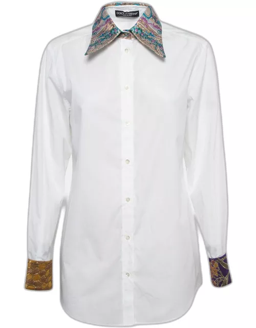 Dolce & Gabbana White Jacquard Trim Cotton Poplin Long Sleeve Shirt