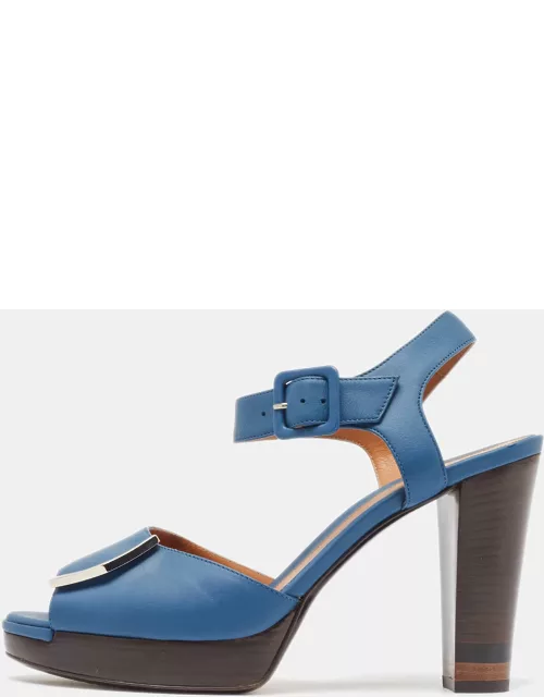 Fendi Blue Leather Metal Logo Open-Toe Ankle-Strap Platform Sandal