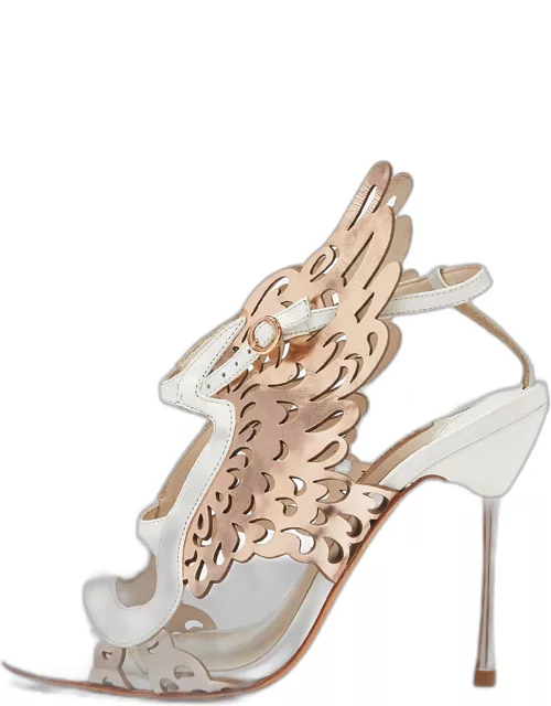 Sophia Webster Gold/White Leather Evangeline Laser Cut Angel Wing Ankle Strap Sandal