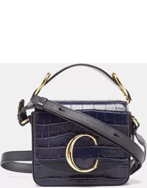 Chloe Navy Blue Croc Embossed Leather Mini C Top Handle Bag