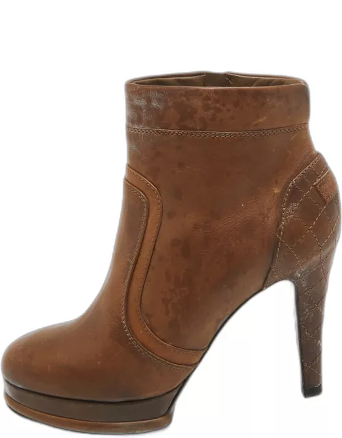Chanel Brown Quilted Leather Zip Platform Ankle Boot