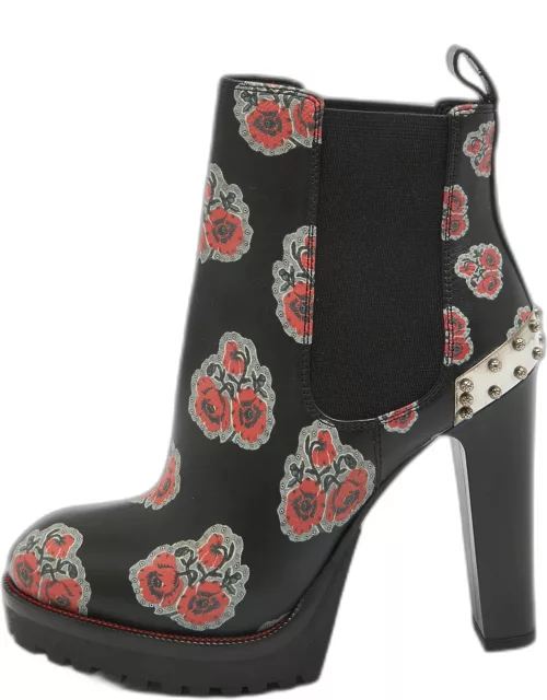 Alexander McQueen Black/Red Floral Print Leather Studded Ankle Boot