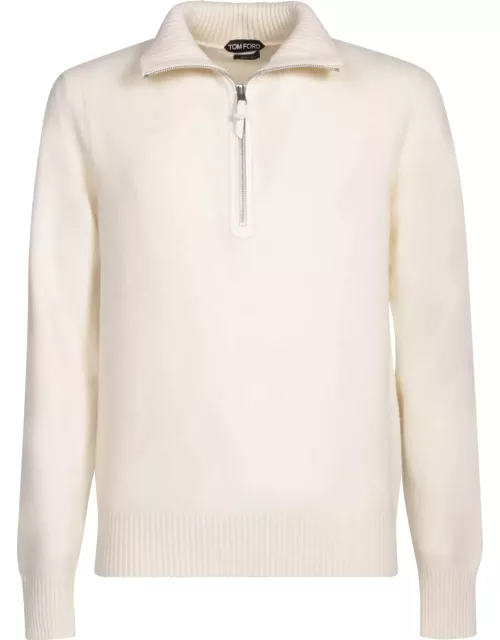 Tom Ford White Long-sleeve Sweater With Zip-up Mock Neck In Wool And Cashmere Man