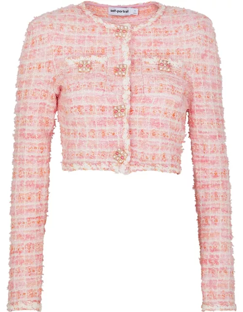 Self-portrait Checked Bouclé Knitted Cardigan - Pink - L (UK14 / L)