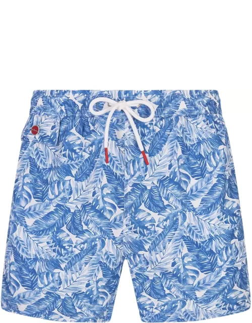 Kiton White Swim Shorts With Light Blue Foliage Print