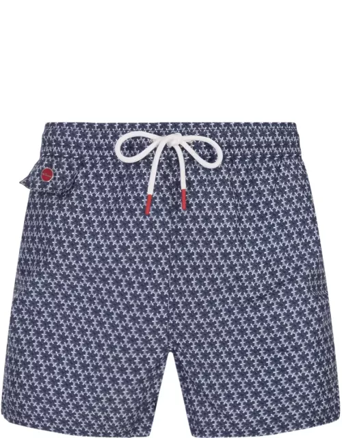Kiton Navy Blue Swim Shorts With Geometric Floral Pattern