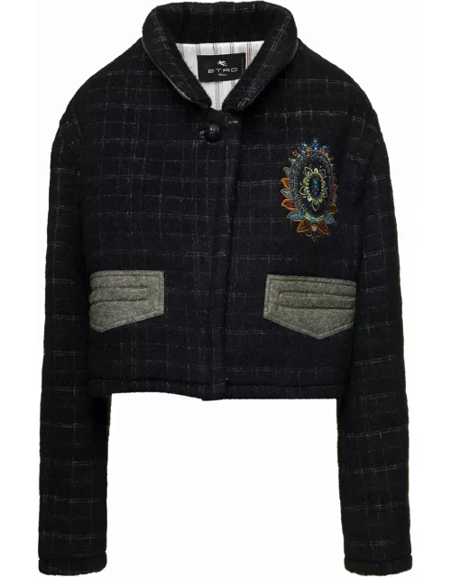 Etro Black Cropped Jacket With Embroidery And Check Motif In Wool Blend Woman