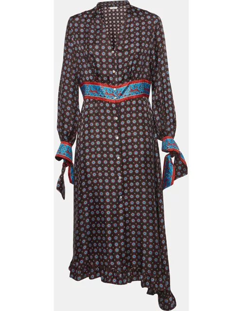 Sandro Navy Black/Blue Printed Silk Twill Catlyn Pleated Midi Dress