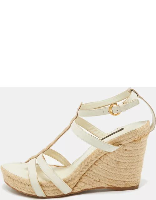 Louis Vuitton White/Gold Python and Monogram Embossed Leather Wedge Sandal