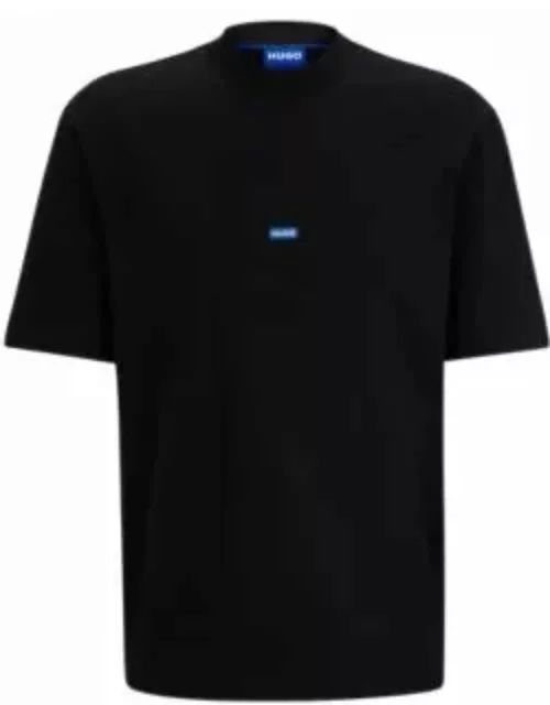 Cotton-jersey T-shirt with blue logo patch- Black Men's T-Shirt