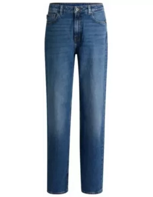 Long-length straight-fit jeans in blue stretch denim- Blue Women's Jean