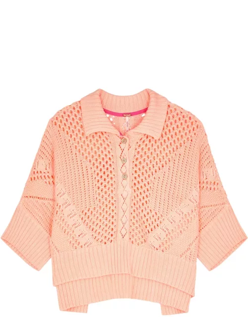 Free People To The Point Pointelle-knit Polo top - Coral - L (UK16-UK18 / L)