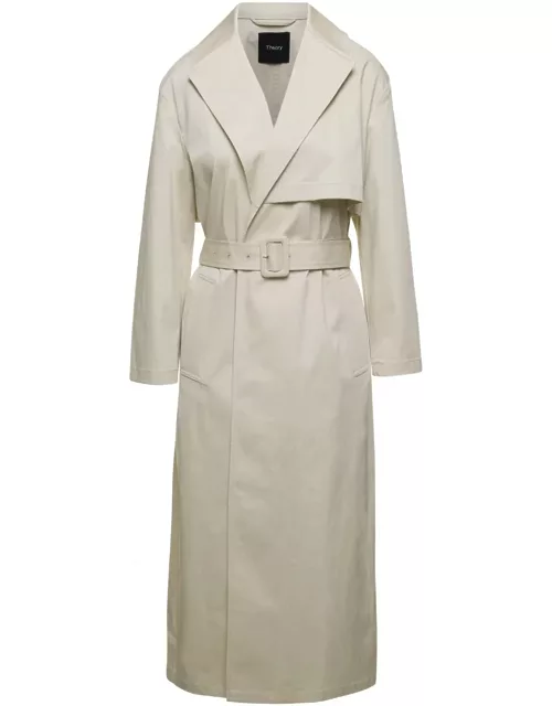 Theory Beige Double- Breasted Trench Coat In Cotton Stretch Woman