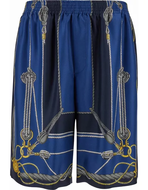 Versace nautical Blue Shorts With Barocco Print In Silk Man