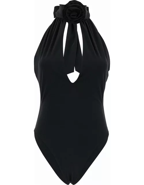 Magda Butrym Black One-piece Swimsuit With Rose Application In Polyamide Woman