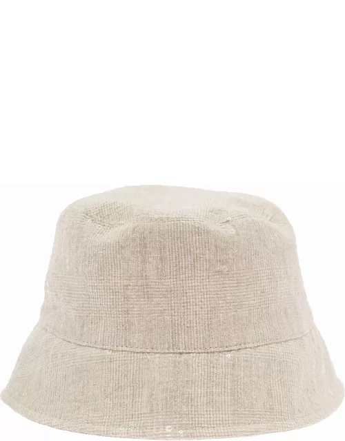 Brunello Cucinelli Beige Bucket Hat With All-over Paillettes Embellishment In Linen Woman