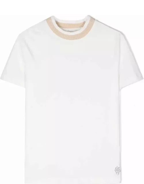 Eleventy White T-shirt With Beige Crew Neck