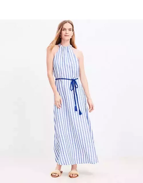 Loft Petite Striped Linen Blend Belted Halter Maxi Dres