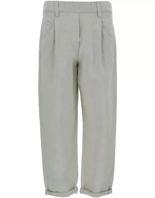 Brunello Cucinelli Grey Pleated Trousers In Linen Blend Woman