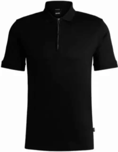 Mercerized-cotton slim-fit polo shirt with zip neck- Black Men's Polo Shirt