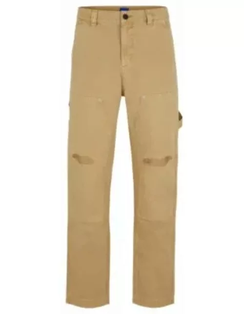 Cotton-canvas trousers with distressed details- Beige Men's Casual Pant