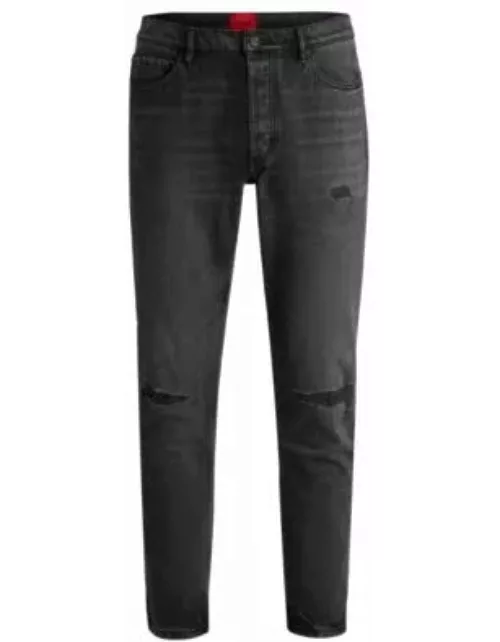 Tapered-fit jeans in black distressed denim- Dark Grey Men's Jean