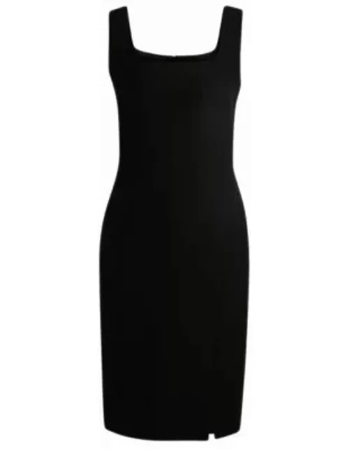 Square-neck dress in stretch material with front slit- Black Women's Business Dresse