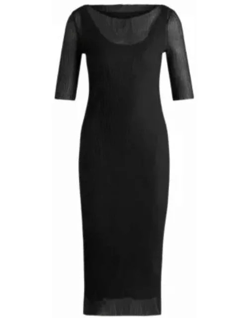 Cropped-sleeve dress in pliss tulle- Black Women's Business Dresse