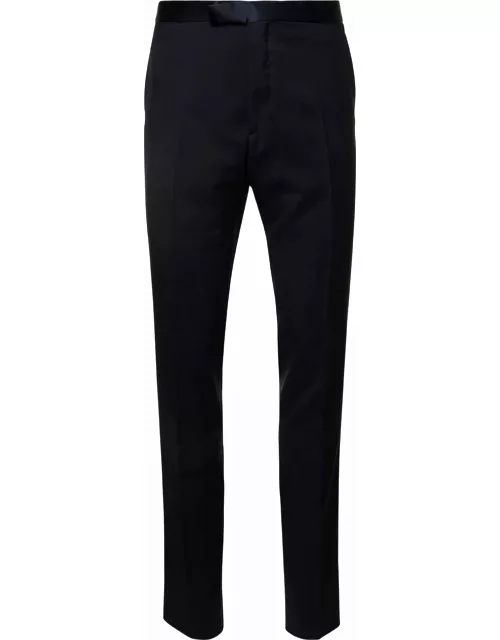 Tagliatore Blue Pants With Satin Waistband And Welt Pockets In Wool Man