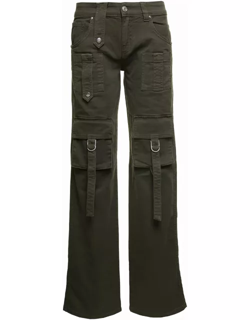 Blumarine Military Green Cargo Jeans With Buckles And Branded Button In Stretch Cotton Denim Woman