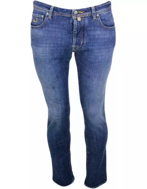 Jacob Cohen Bard J688 Luxury Edition Denim Trousers In Soft Stretch Denim With 5 Pockets With Closure Buttons And Metal Button, Pony Skin Tag With Logo