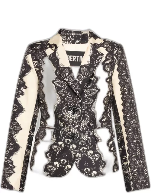 Venetian Lace Short Blazer Jacket with Crystal Button